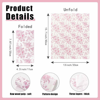 100 Pcs Pink Floral Dinner Napkins 3-Ply Flower Paper Napkins Disposable Guest Hand Towels for Bathroom Dinner Wedding Baby Shower Party Floral Guest Bathroom Napkins