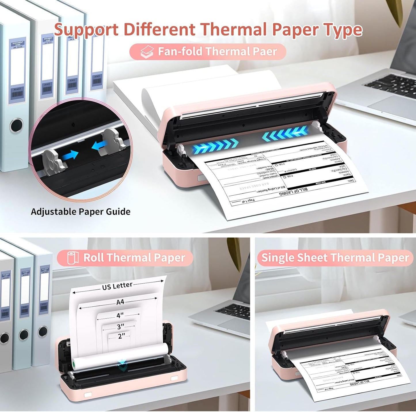 Inkless Portable Printer for Travel, Wireless Thermal Printer Supports 8.5 x 11 Inch US Letter Size, Bluetooth Machine Includes Carry Case and 3 Rolls of Thermal Paper Kit, Pink