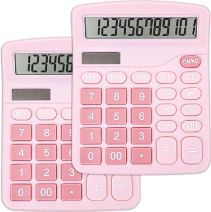 2 Pack Calculator, Pink Calculators Desktop 12 Digits with Large LCD Display and Sensitive Butto, Solar and Battery Dual Power, Desk Calculator