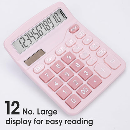 2 Pack Calculator, Pink Calculators Desktop 12 Digits with Large LCD Display and Sensitive Butto, Solar and Battery Dual Power, Desk Calculator