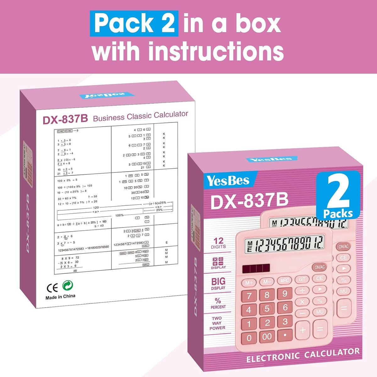 2 Pack Calculator, Pink Calculators Desktop 12 Digits with Large LCD Display and Sensitive Butto, Solar and Battery Dual Power, Desk Calculator