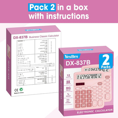 2 Pack Calculator, Pink Calculators Desktop 12 Digits with Large LCD Display and Sensitive Butto, Solar and Battery Dual Power, Desk Calculator