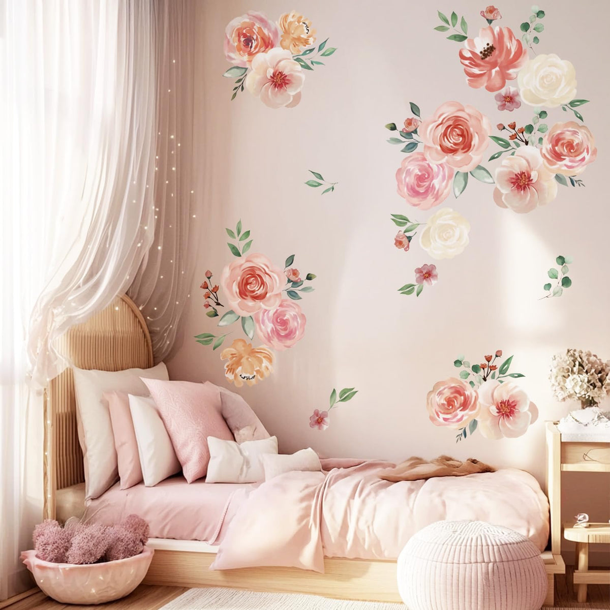 Pink Floral Wall Decals Large Flowers Wall Stickers for Bedroom Living Room Baby Girls Nursery Bedroom Wall Decor