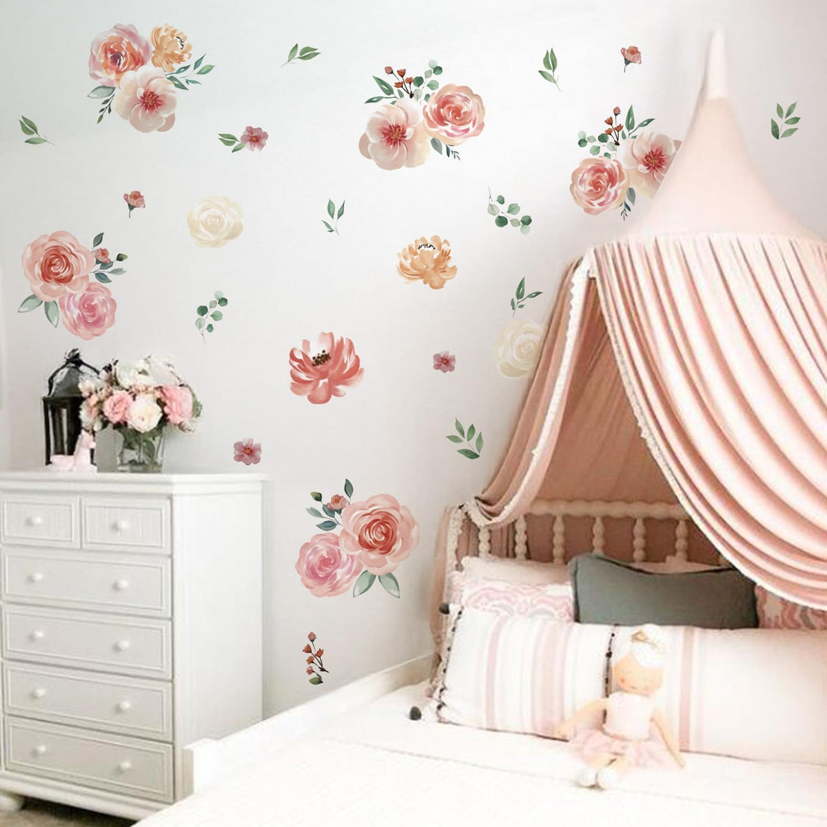 Pink Floral Wall Decals Large Flowers Wall Stickers for Bedroom Living Room Baby Girls Nursery Bedroom Wall Decor