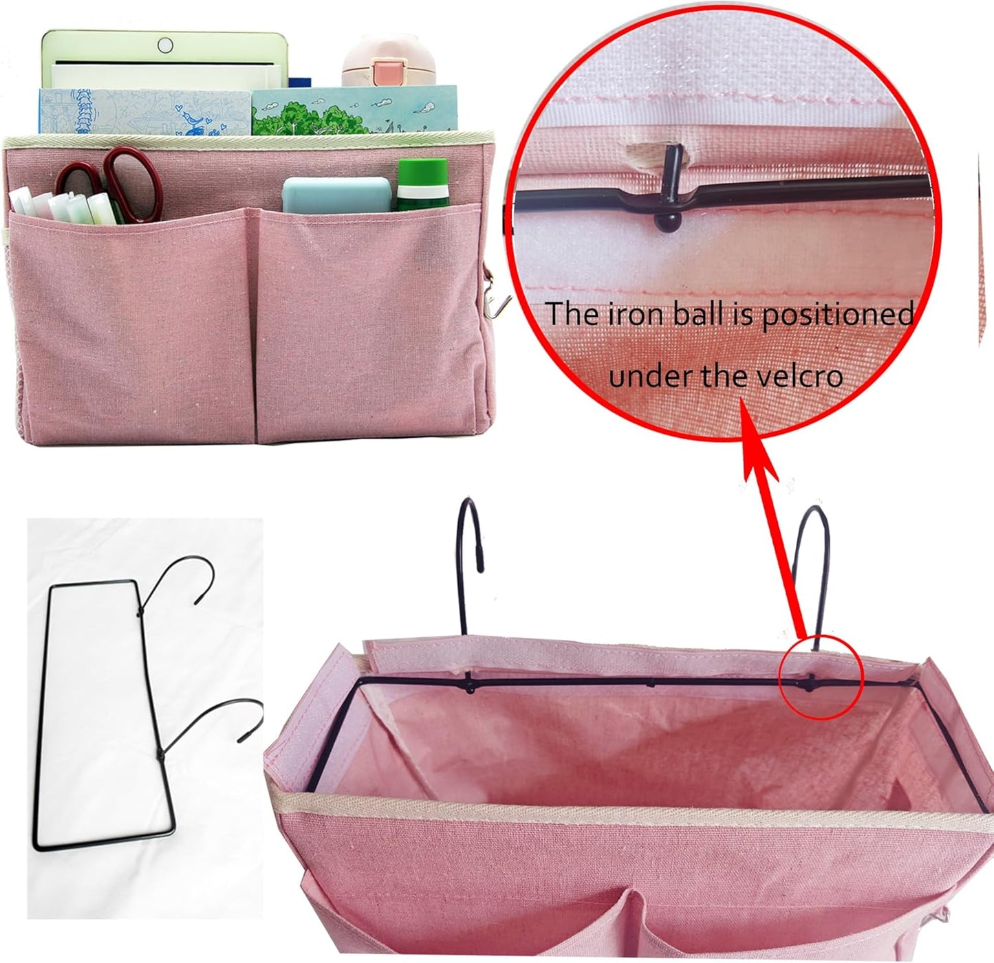 Bedside Caddy Bedside Hanging Storage Basket Multi-Function Organizer Caddy for Bunk and Hospital Beds College Dorms Bed Rails, The Magazine Holders Can be Placed Glasses Books Mobile Phones(Pink)