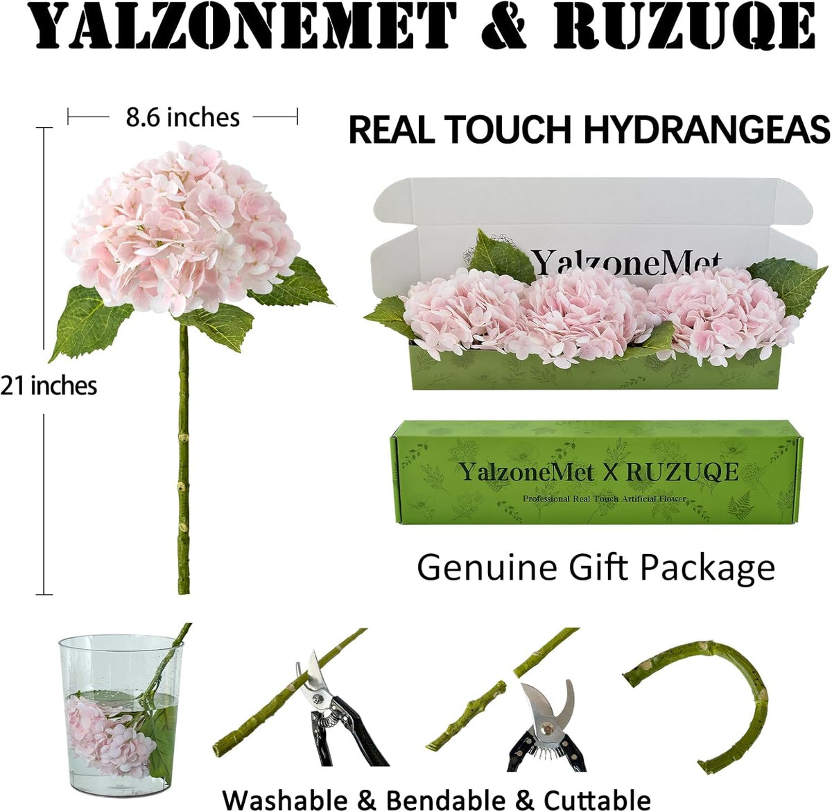 3 Pcs Real Touch Pink Hydrangea Artificial Flowers 21 inch Large Lifelike Light Latex Faux Hydrangea, Fake Flowers for Home Decoration Bridal Bouquet Wedding Decor