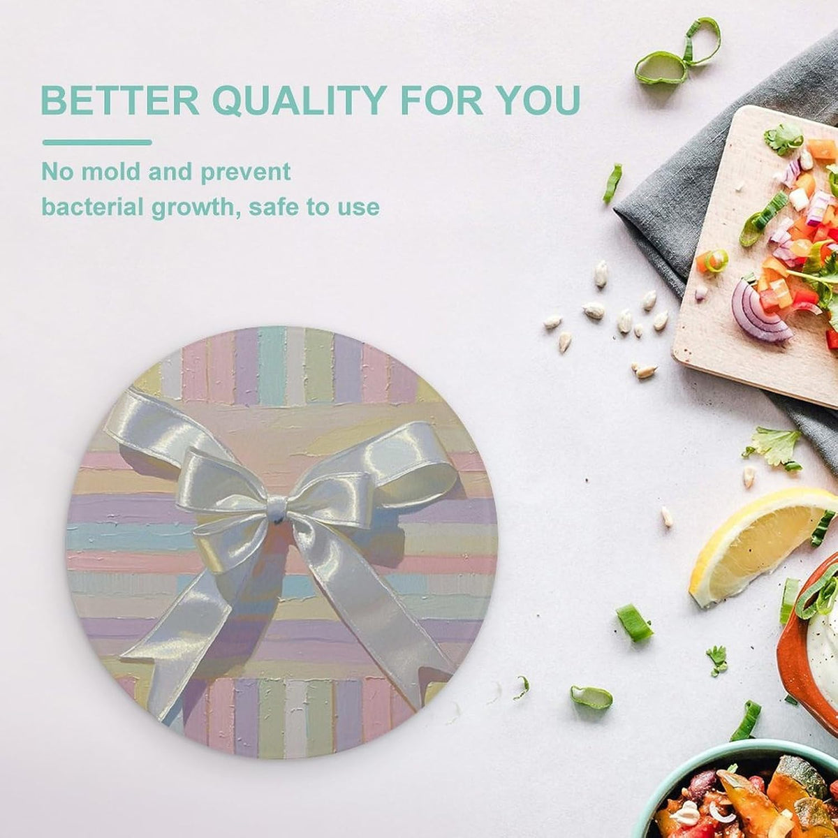 Light Pink Bow Tie Tempered Glass Cutting Board, Decorative Glass Chopping Board for Kitchen Counter Protector, Heat & Shatter Resistant Cutting Boards & Serving Tray, 8" X 8"