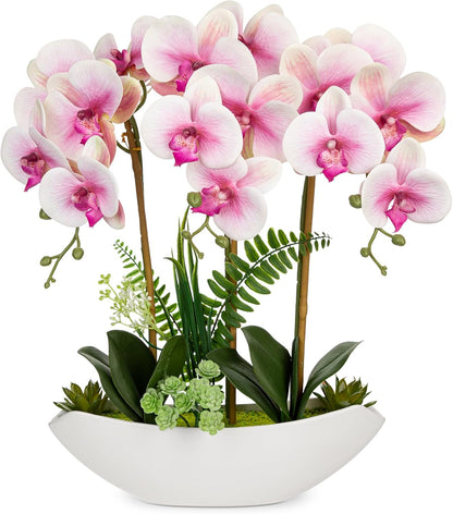 Pink Orchid Artificial Flowers 18in Fake Orchid Silk Flowers with Ceramic Pot Faux Orchid Arrangement for Home Office Room Table Shelf Modern Decoration