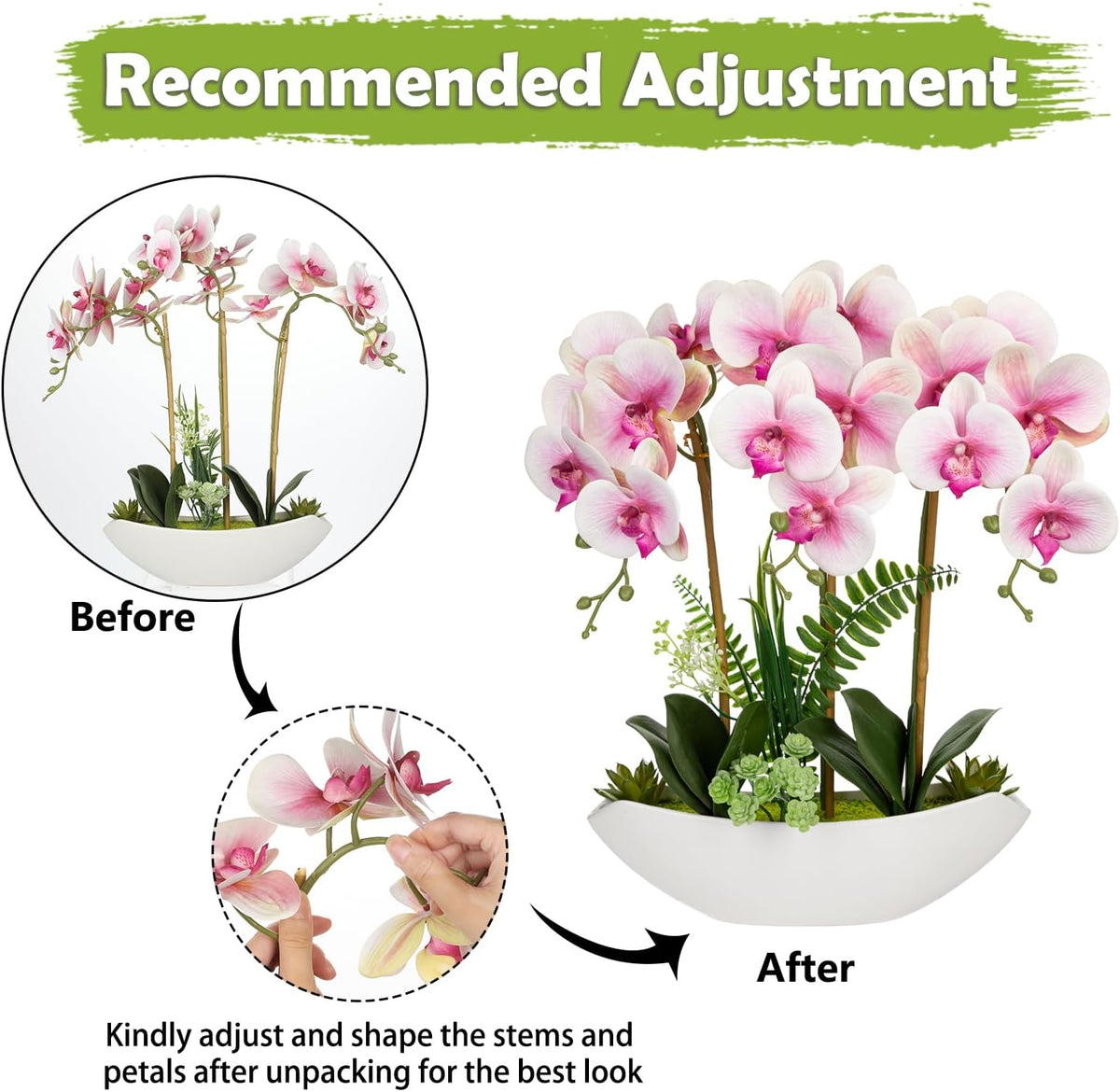 Pink Orchid Artificial Flowers 18in Fake Orchid Silk Flowers with Ceramic Pot Faux Orchid Arrangement for Home Office Room Table Shelf Modern Decoration