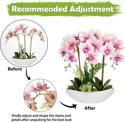Pink Orchid Artificial Flowers 18in Fake Orchid Silk Flowers with Ceramic Pot Faux Orchid Arrangement for Home Office Room Table Shelf Modern Decoration