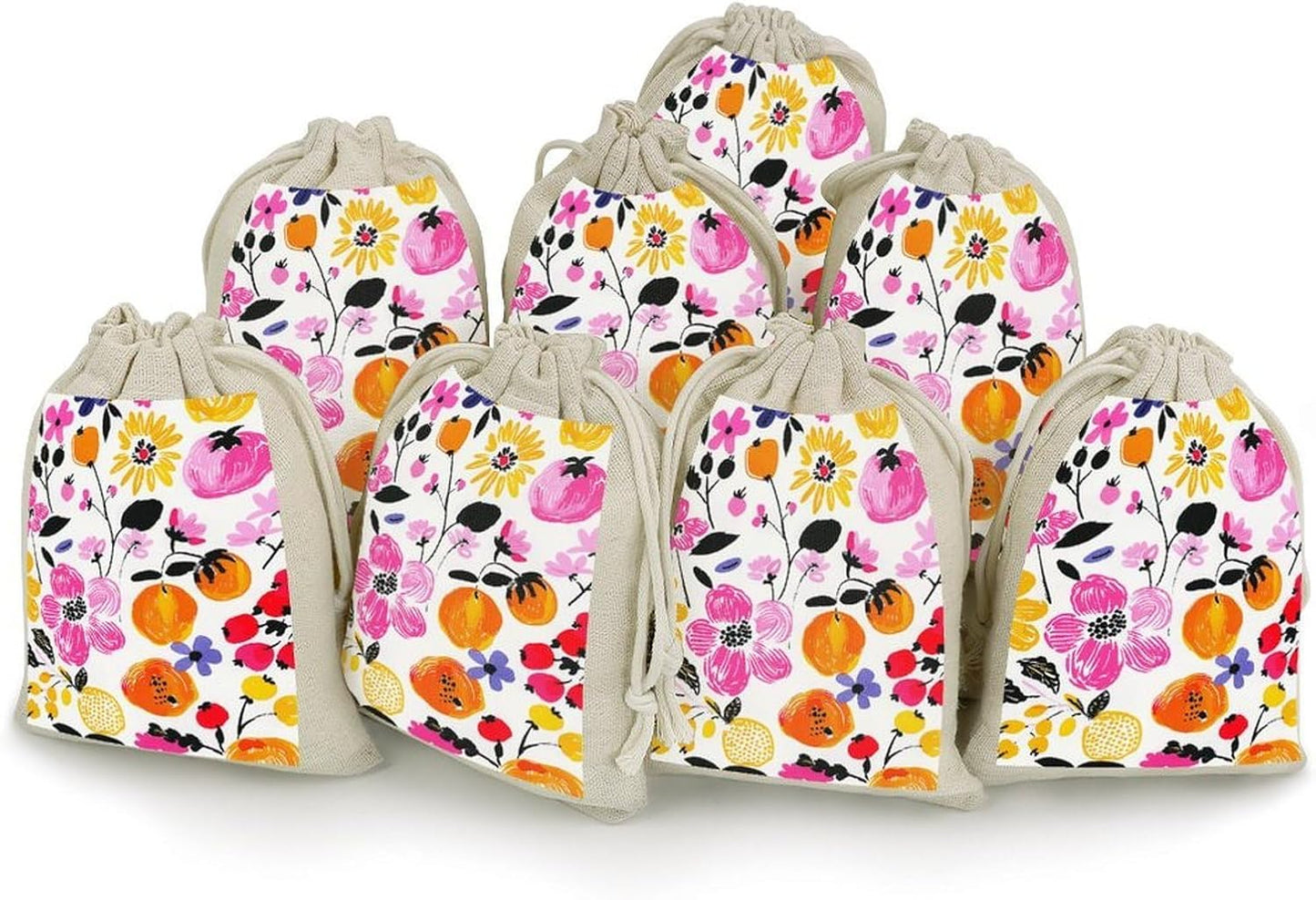 LPSADGF 8 PCS Bright Peach Flowers Drawstring Gift Bags Reusable Cotton Linen Storage Pouches for Christmas, Weddings, Parties, Favors 4.9"x6.7" Small Burlap Bags