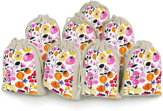 LPSADGF 8 PCS Bright Peach Flowers Drawstring Gift Bags Reusable Cotton Linen Storage Pouches for Christmas, Weddings, Parties, Favors 4.9"x6.7" Small Burlap Bags