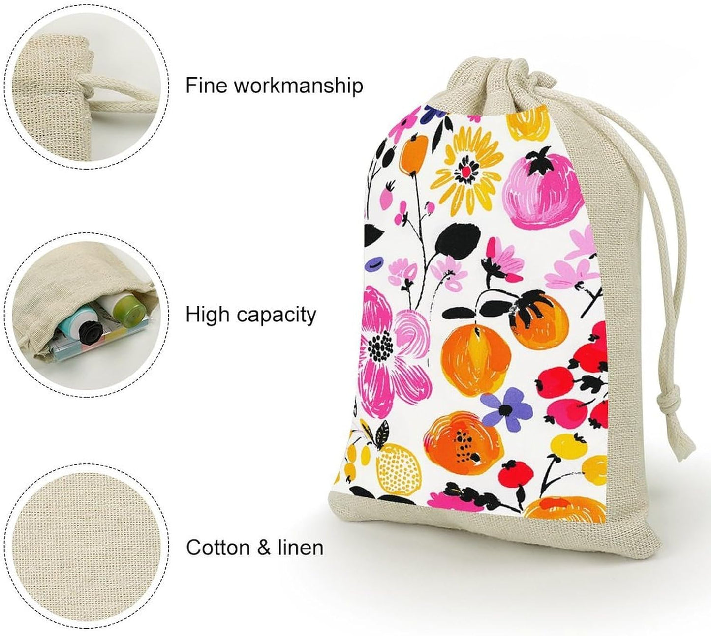 LPSADGF 8 PCS Bright Peach Flowers Drawstring Gift Bags Reusable Cotton Linen Storage Pouches for Christmas, Weddings, Parties, Favors 4.9"x6.7" Small Burlap Bags