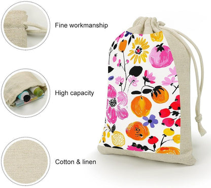 LPSADGF 8 PCS Bright Peach Flowers Drawstring Gift Bags Reusable Cotton Linen Storage Pouches for Christmas, Weddings, Parties, Favors 4.9"x6.7" Small Burlap Bags