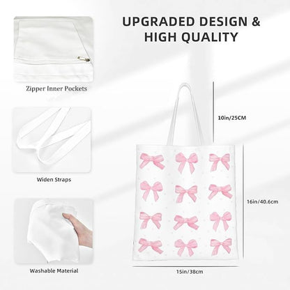 Canvas Tote Bag For Women Large Capacity Shoulder Bag For Grocery Shopping With Zipper Inner Pockets