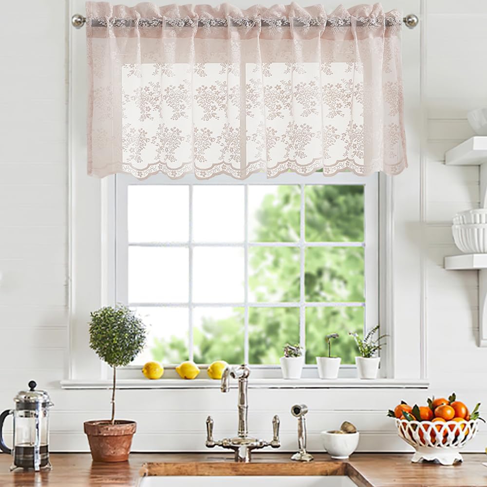 Pink Lace Valance Curtains for Windows Country Sheer Lace Curtains for Living Room Bedroom, Bathroom Macrame Valance Rod Pocket 52 W x 18 L Inch 1 Panel