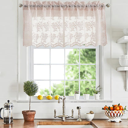 Pink Lace Valance Curtains for Windows Country Sheer Lace Curtains for Living Room Bedroom, Bathroom Macrame Valance Rod Pocket 52 W x 18 L Inch 1 Panel