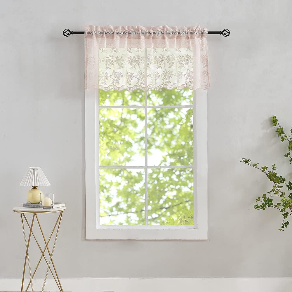 Pink Lace Valance Curtains for Windows Country Sheer Lace Curtains for Living Room Bedroom, Bathroom Macrame Valance Rod Pocket 52 W x 18 L Inch 1 Panel