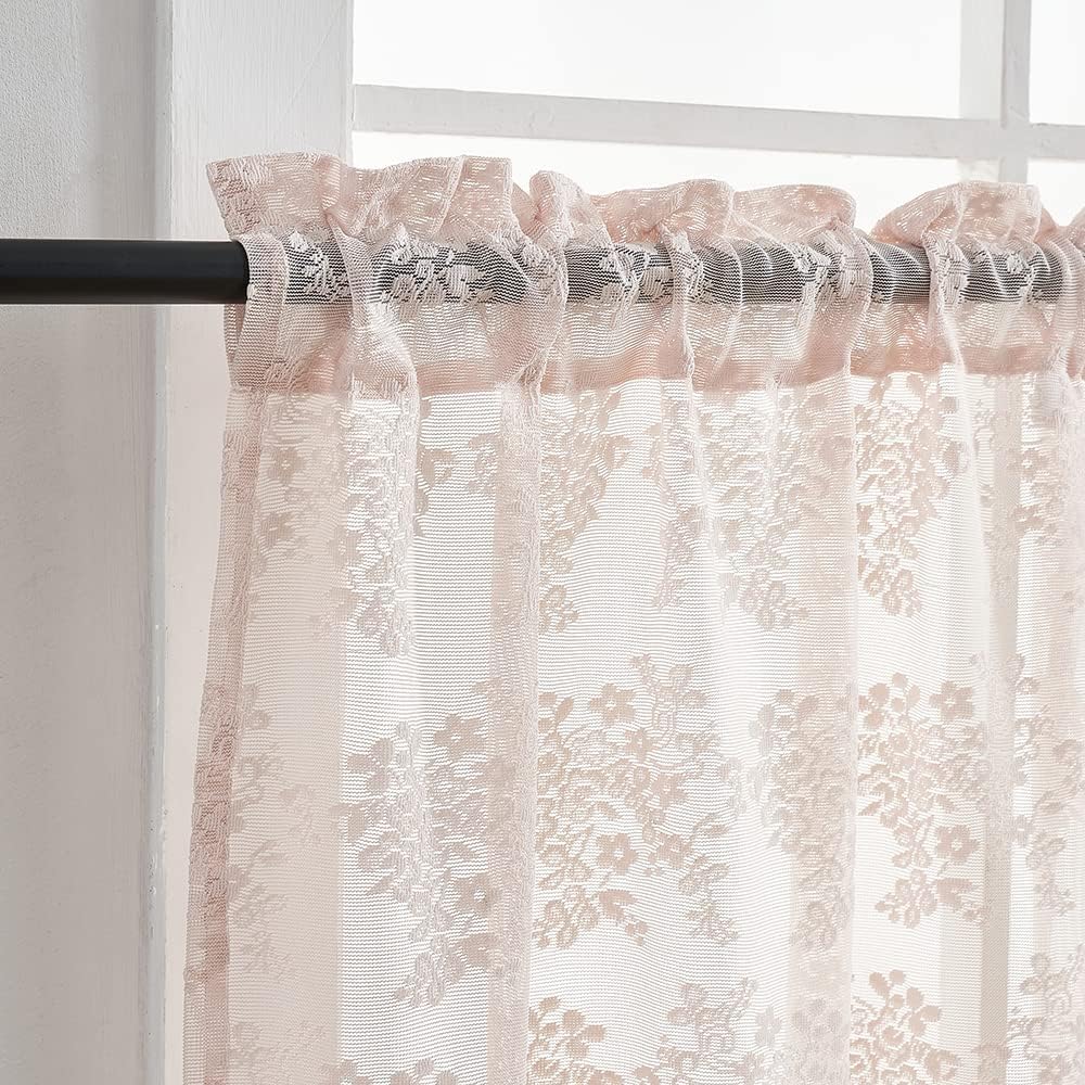 Pink Lace Valance Curtains for Windows Country Sheer Lace Curtains for Living Room Bedroom, Bathroom Macrame Valance Rod Pocket 52 W x 18 L Inch 1 Panel