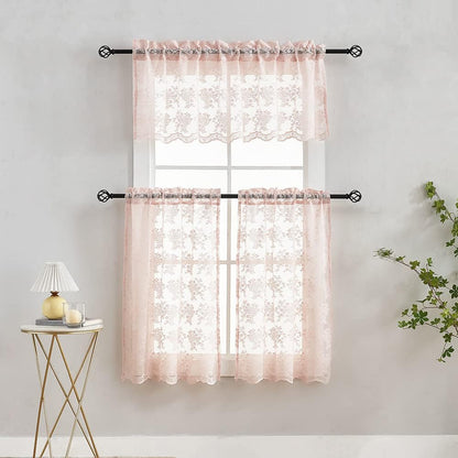 Pink Lace Valance Curtains for Windows Country Sheer Lace Curtains for Living Room Bedroom, Bathroom Macrame Valance Rod Pocket 52 W x 18 L Inch 1 Panel