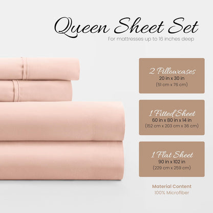 Double-Brushed Microfiber Queen Sheet Set 4 Piece – Oeko-TEX Certified Ultra Soft & Wrinkle-Free - 16" Deep Pocket Sheets - Easy Care Queen Size - Blush