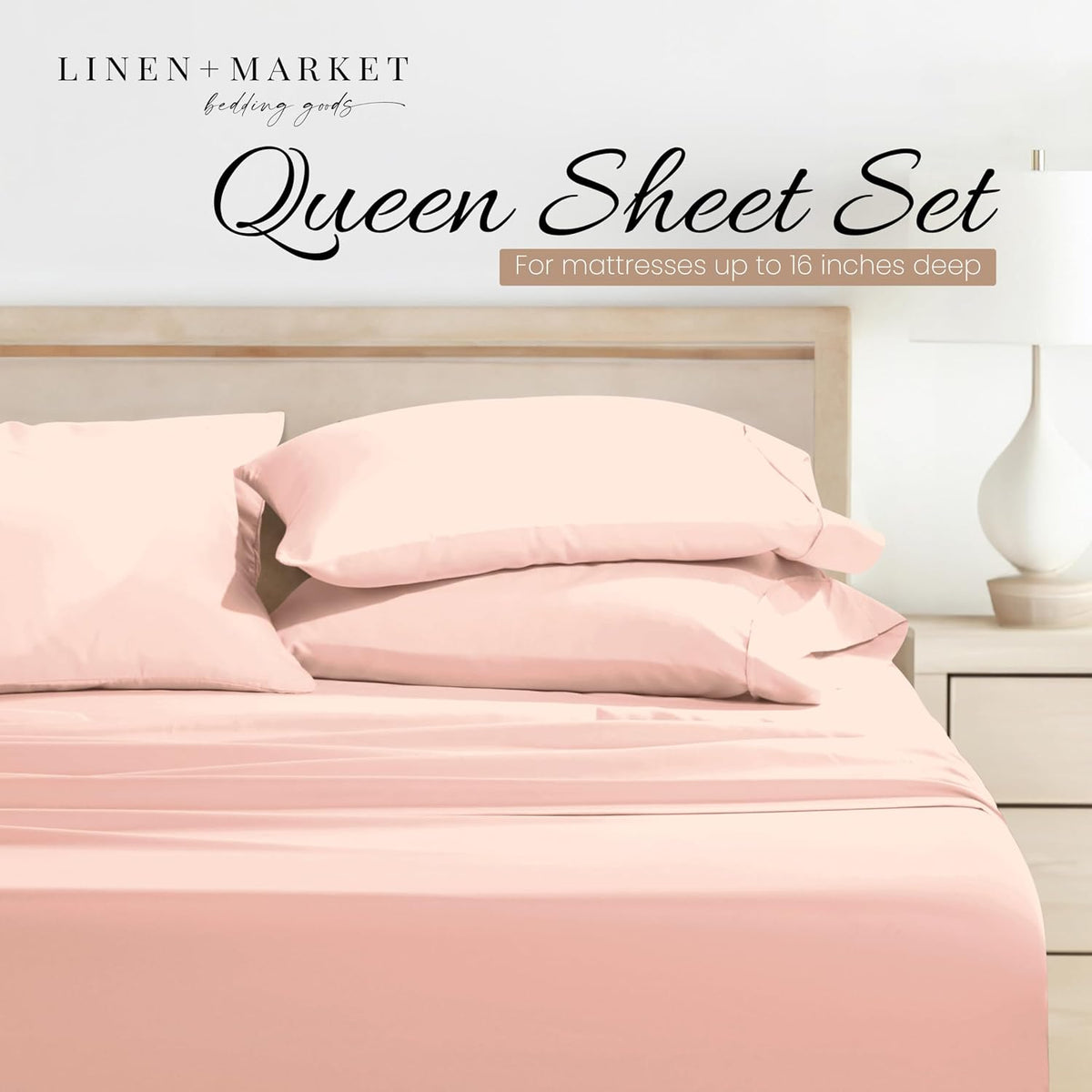 Double-Brushed Microfiber Queen Sheet Set 4 Piece – Oeko-TEX Certified Ultra Soft & Wrinkle-Free - 16" Deep Pocket Sheets - Easy Care Queen Size - Blush