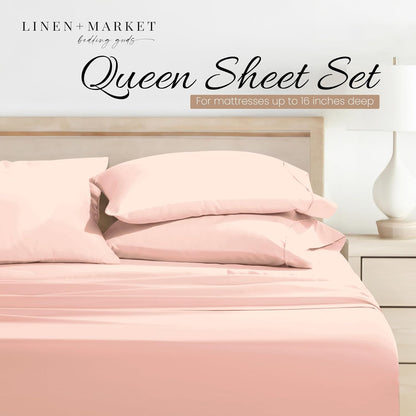 Double-Brushed Microfiber Queen Sheet Set 4 Piece – Oeko-TEX Certified Ultra Soft & Wrinkle-Free - 16" Deep Pocket Sheets - Easy Care Queen Size - Blush