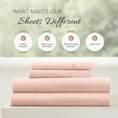 Double-Brushed Microfiber Queen Sheet Set 4 Piece – Oeko-TEX Certified Ultra Soft & Wrinkle-Free - 16" Deep Pocket Sheets - Easy Care Queen Size - Blush