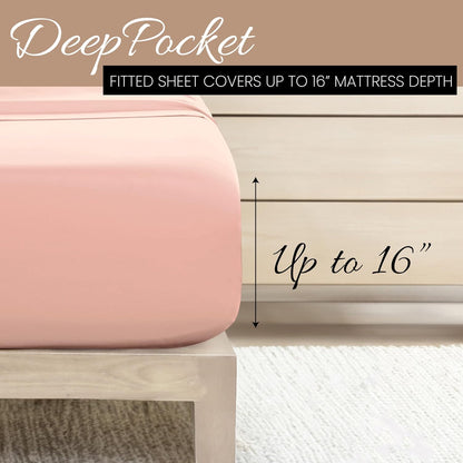 Double-Brushed Microfiber Queen Sheet Set 4 Piece – Oeko-TEX Certified Ultra Soft & Wrinkle-Free - 16" Deep Pocket Sheets - Easy Care Queen Size - Blush