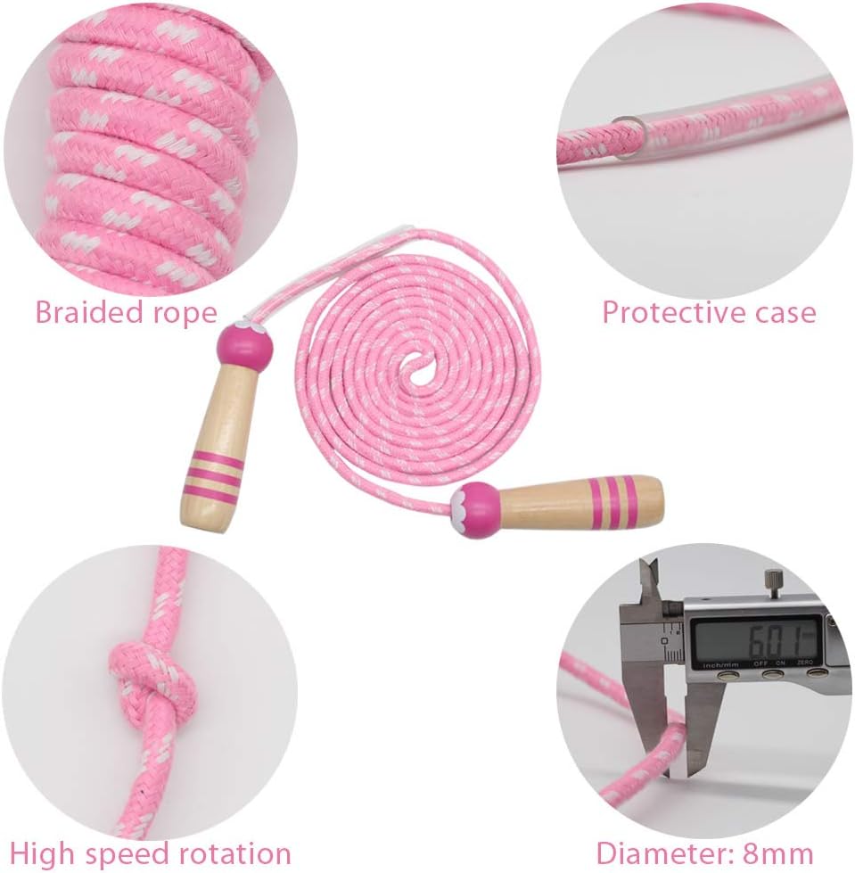 Jump Rope Kids, 7ft Adjustable Cotton Skipping Rope with Wooden Handle for Boys and Girls Fitness Outdoor Exercise
