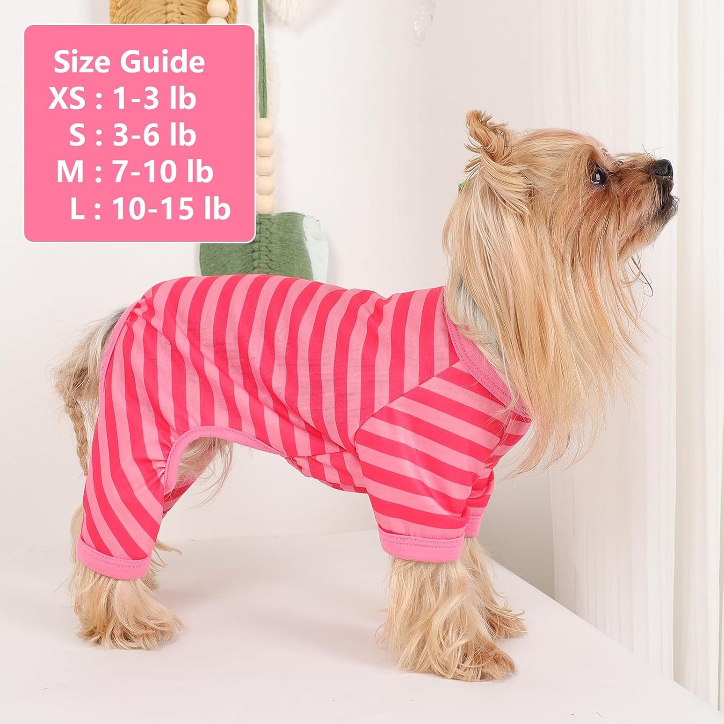Dog Pajamas Pjs Stretchable Strip Dog Jumpsuit 4 Legs Pjs for Summer Dog Clothes Puppy Onesies Doggie Outfit (Pink, Medium (Chest 15in))
