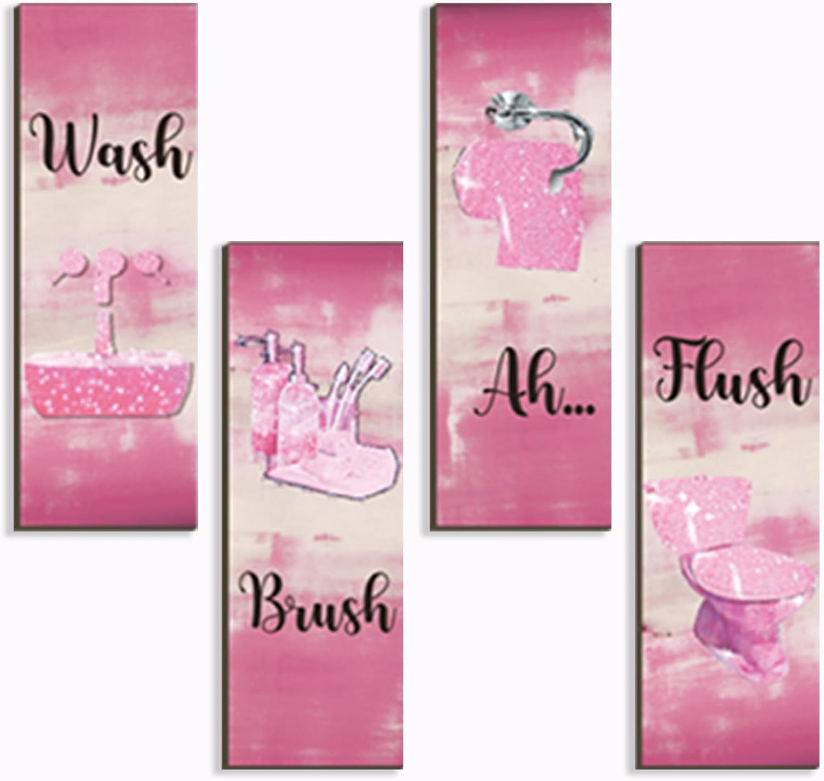 4 Pcs Pink Bathroom Decor Pink Bathroom Accessories Abstract Wall Decor Set Modern Funny Wooden Wall Art for Home Toilet Decoration, 12x4 Inches