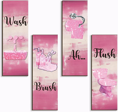 4 Pcs Pink Bathroom Decor Pink Bathroom Accessories Abstract Wall Decor Set Modern Funny Wooden Wall Art for Home Toilet Decoration, 12x4 Inches