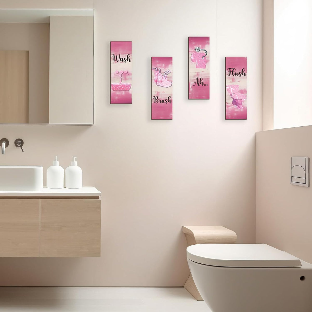 4 Pcs Pink Bathroom Decor Pink Bathroom Accessories Abstract Wall Decor Set Modern Funny Wooden Wall Art for Home Toilet Decoration, 12x4 Inches