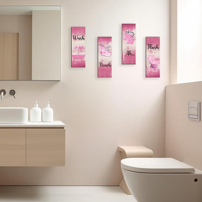 4 Pcs Pink Bathroom Decor Pink Bathroom Accessories Abstract Wall Decor Set Modern Funny Wooden Wall Art for Home Toilet Decoration, 12x4 Inches