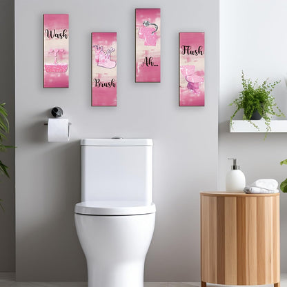 4 Pcs Pink Bathroom Decor Pink Bathroom Accessories Abstract Wall Decor Set Modern Funny Wooden Wall Art for Home Toilet Decoration, 12x4 Inches