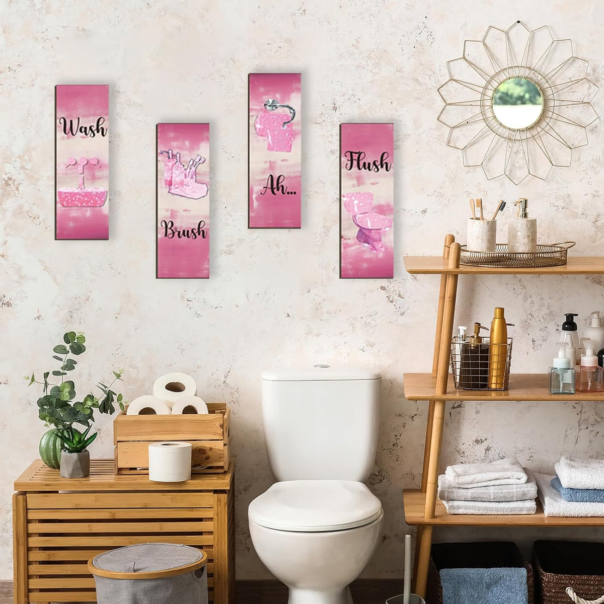 4 Pcs Pink Bathroom Decor Pink Bathroom Accessories Abstract Wall Decor Set Modern Funny Wooden Wall Art for Home Toilet Decoration, 12x4 Inches