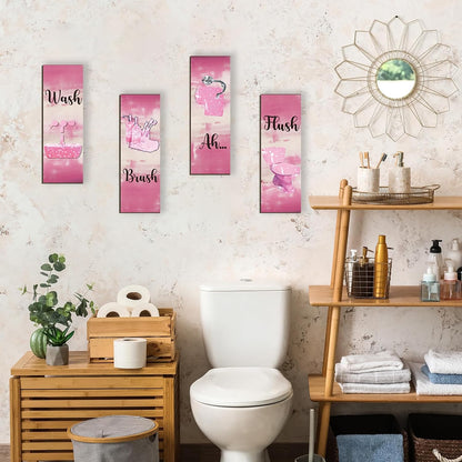 4 Pcs Pink Bathroom Decor Pink Bathroom Accessories Abstract Wall Decor Set Modern Funny Wooden Wall Art for Home Toilet Decoration, 12x4 Inches