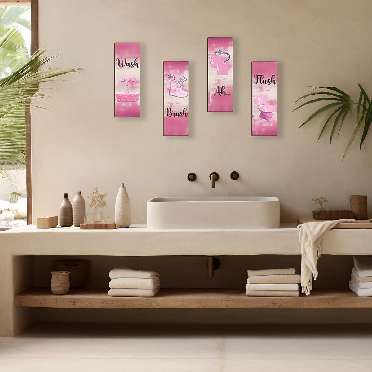 4 Pcs Pink Bathroom Decor Pink Bathroom Accessories Abstract Wall Decor Set Modern Funny Wooden Wall Art for Home Toilet Decoration, 12x4 Inches