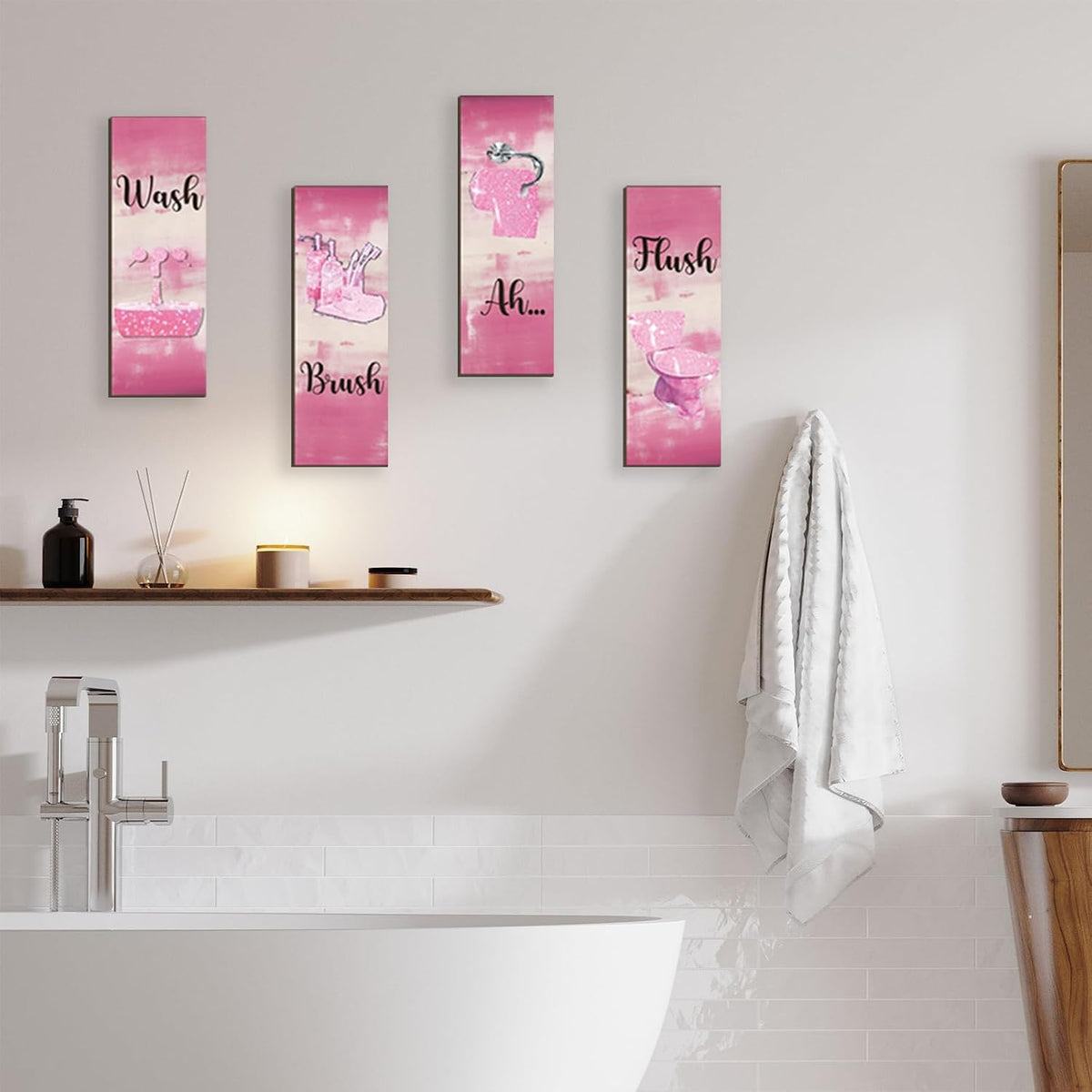 4 Pcs Pink Bathroom Decor Pink Bathroom Accessories Abstract Wall Decor Set Modern Funny Wooden Wall Art for Home Toilet Decoration, 12x4 Inches