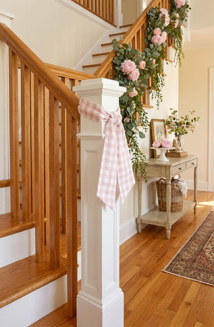 Peach Wreath Sash 2 Pack for Front Door, Spring Easter Baby Shower Gingham Buffalo Check Plaid Ribbon Bows, 5.12" x 54" Each Wedding Decor