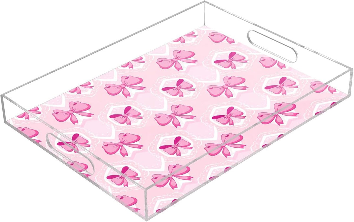 Light Pink Bows Serving Tray, Decorative Ottoman Trays with Handles for Breakfast, Coffee Table, Dining Room, Party - 16" x 12"