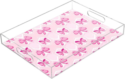 Light Pink Bows Serving Tray, Decorative Ottoman Trays with Handles for Breakfast, Coffee Table, Dining Room, Party - 16" x 12"