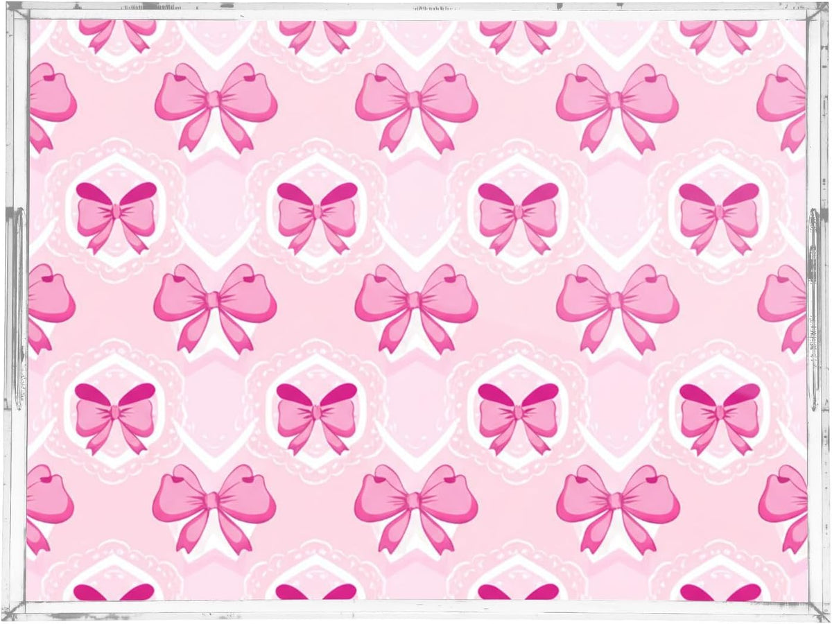 Light Pink Bows Serving Tray, Decorative Ottoman Trays with Handles for Breakfast, Coffee Table, Dining Room, Party - 16" x 12"