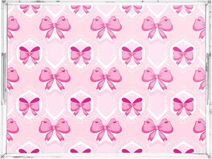 Light Pink Bows Serving Tray, Decorative Ottoman Trays with Handles for Breakfast, Coffee Table, Dining Room, Party - 16" x 12"
