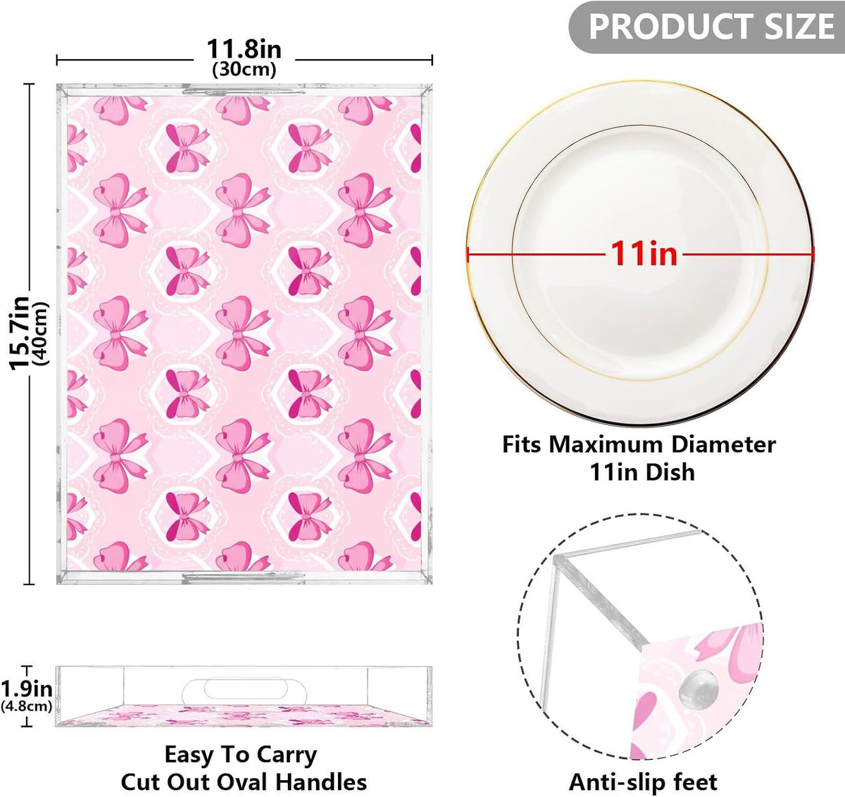Light Pink Bows Serving Tray, Decorative Ottoman Trays with Handles for Breakfast, Coffee Table, Dining Room, Party - 16" x 12"