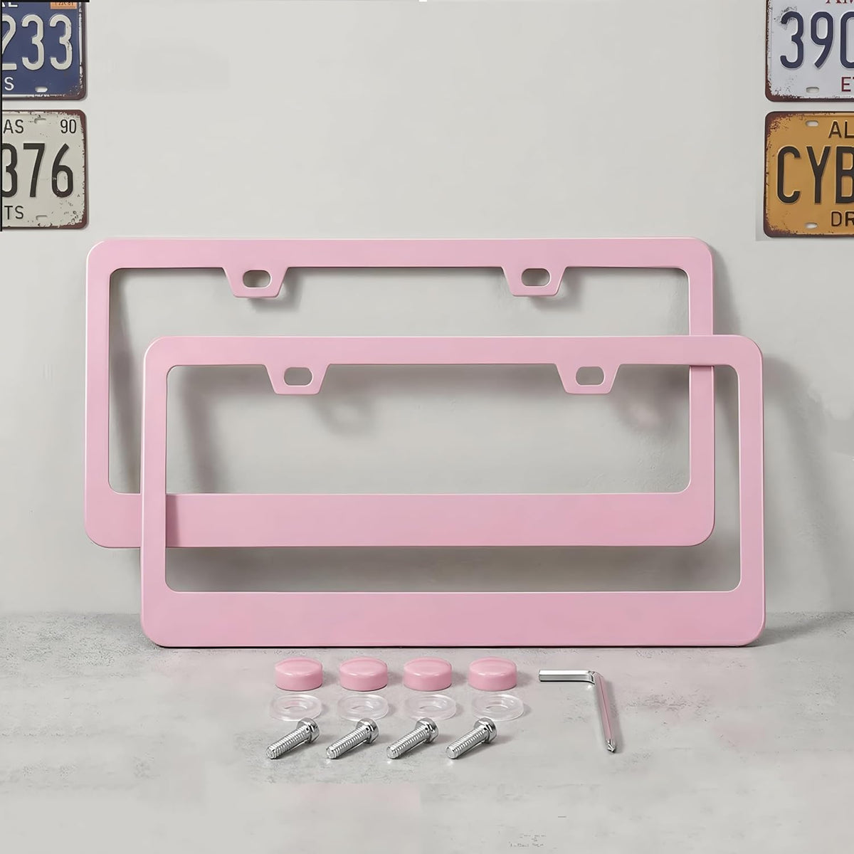 Fashion 2 Pack Matte Cherry Baby Pink License Plate Frames, Stainless Steel Car License Plate Cover Accessories with Screw Caps