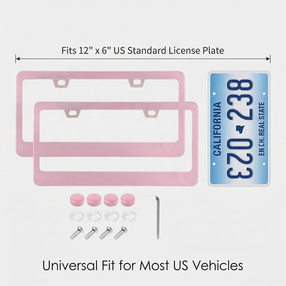 Fashion 2 Pack Matte Cherry Baby Pink License Plate Frames, Stainless Steel Car License Plate Cover Accessories with Screw Caps