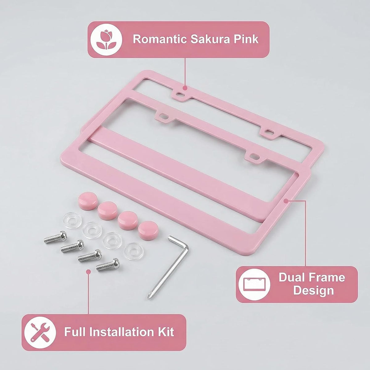 Fashion 2 Pack Matte Cherry Baby Pink License Plate Frames, Stainless Steel Car License Plate Cover Accessories with Screw Caps