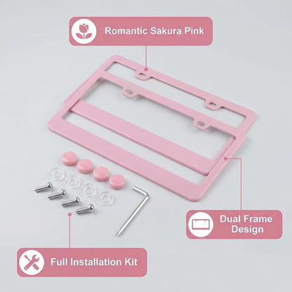 Fashion 2 Pack Matte Cherry Baby Pink License Plate Frames, Stainless Steel Car License Plate Cover Accessories with Screw Caps